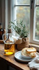 A cozy kitchen scene with a white ceramic dish holding vegetable oil, next to a plate of fresh bread, in a soft-focus homely setting