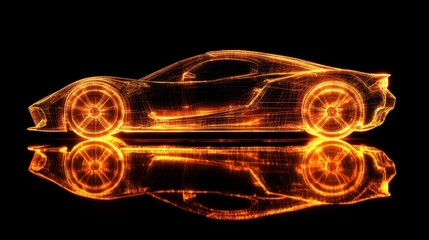 High-tech representation of a futuristic sports car in glowing neon style showcasing advanced design and engineering