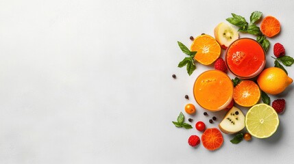 Colorful fruit smoothies, vibrant fresh ingredients, light background, healthy drink concept,  top view image