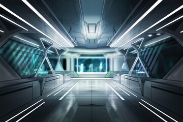 Obraz premium Futuristic spaceship corridor with sleek design, illuminated by bright LED lights, showcasing advanced technology.