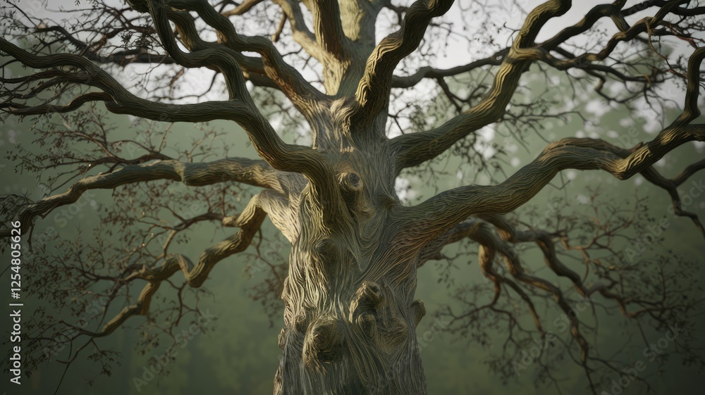 Poster ancient, gnarled tree with sprawling branches reaching skyward, bathed in soft light.