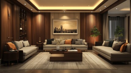 Modern living room interior design with two sofas, coffee table, and city skyline artwork.
