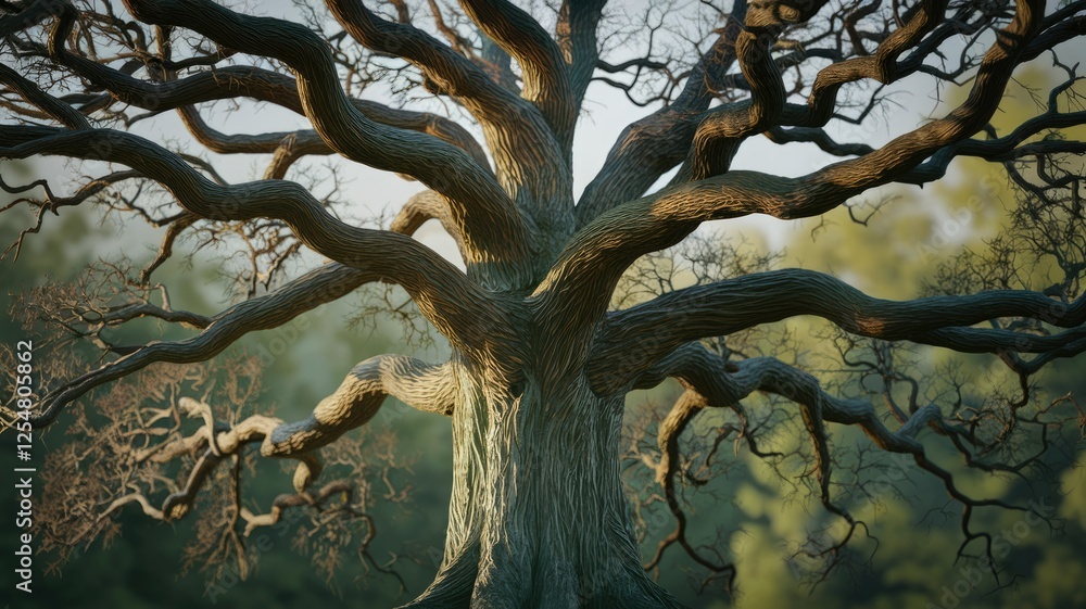 Poster ancient oak tree, gnarled branches reaching skyward, bathed in soft light, evokes feelings of age an