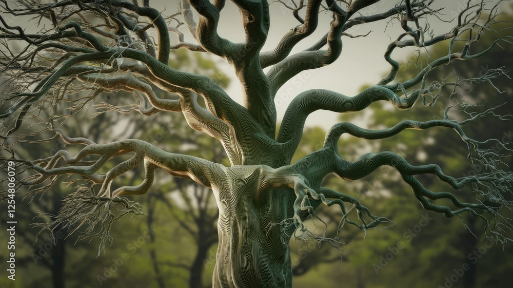 Poster ancient tree with gnarled, twisting branches, reaching towards the sky in a serene forest setting.