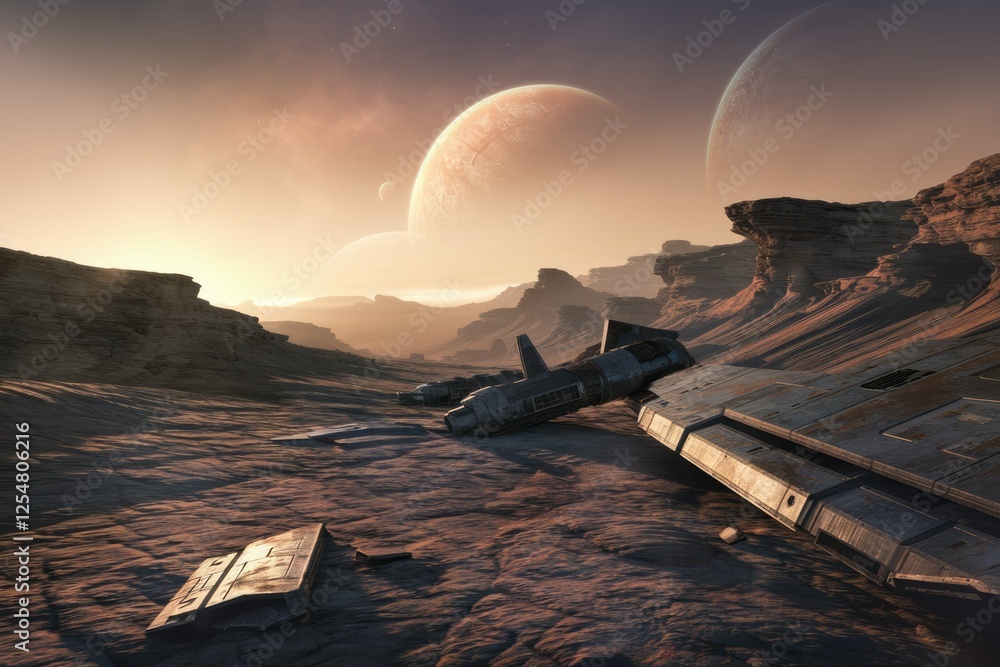 Poster crash-landed spaceships on an alien desert planet under a sunset sky with multiple moons.