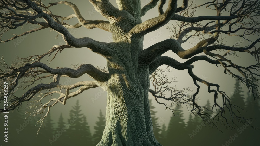 Poster ancient, gnarled tree stands tall in a misty forest, its branches reaching towards the sky.