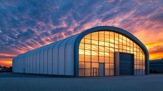 Arched Industrial Building at Sunset: A modern, expansive industrial building with an arched roof and large glass panels glows in the warm light of a breathtaking sunset.