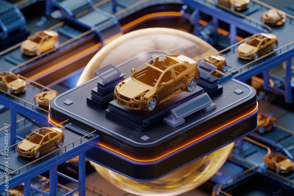 Poster a golden car model showcased on a futuristic assembly line, surrounded by smaller car models.
