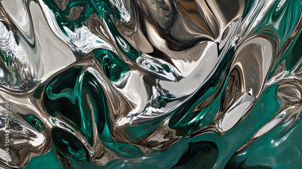 Poster close up image of abstract green and silver patterns showcasing vibrant colors and intricate designs
