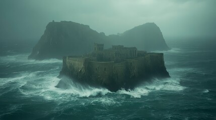 Stormy sea surrounding a fortified island, dark gray tones and rough waves, dramatic lighting, strong wind, and gloomy atmosphere, island fortress