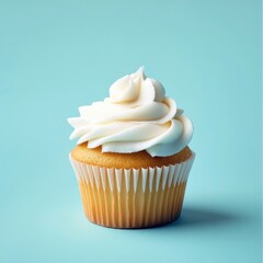 Vanilla cupcake, frosted, blue background, dessert food photography