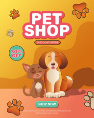 Colorful pet shop promotional vertical design featuring happy cat and dog sitting together, surrounded by a soft paw print. discount offer design in a playful style.