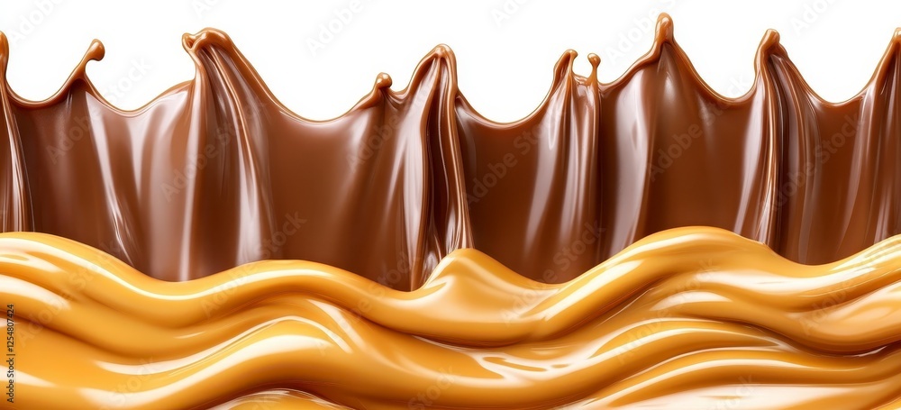 Poster Close up of flowing liquid, displaying dynamic splash and wave patterns against a white background. It features a combination of chocolate and