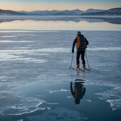Frozen Lake Challenge &ndash; A skier races across a vast, frozen lake, their reflection shimmering on the smooth ice as frost clings to the edges of their gear.