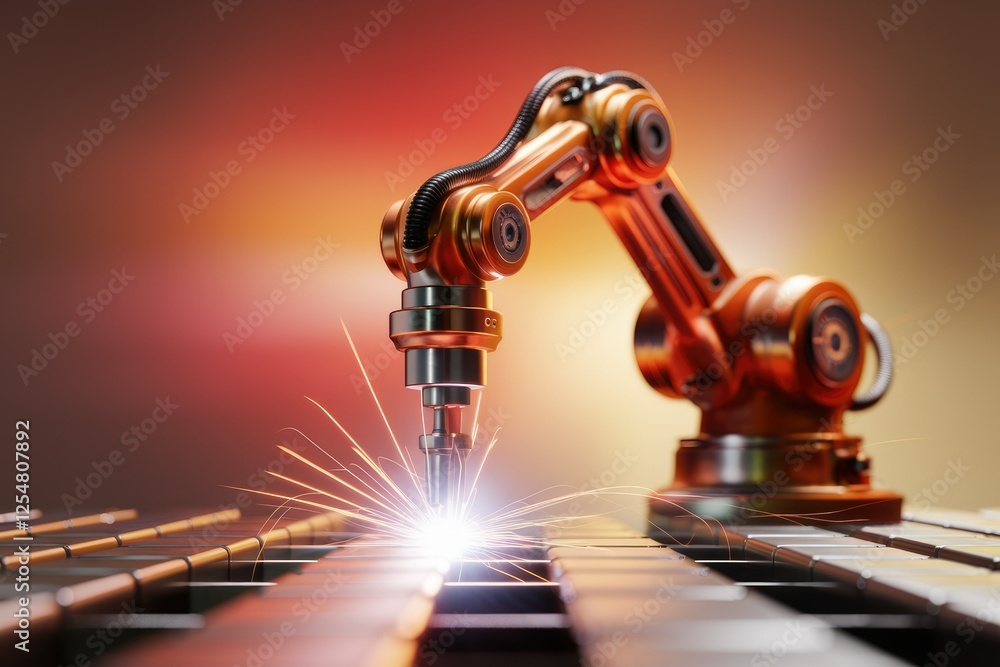 Poster a robotic arm performs a welding task, sparks flying, showcasing advanced automation in manufacturin