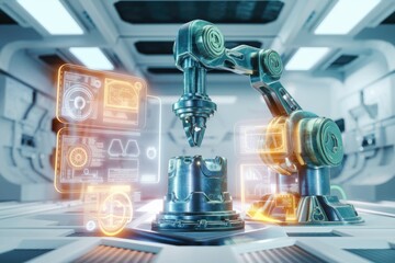 A futuristic robotic arm with holographic displays processes a metallic component, showcasing advanced automation and Industry 4.0 technologies.