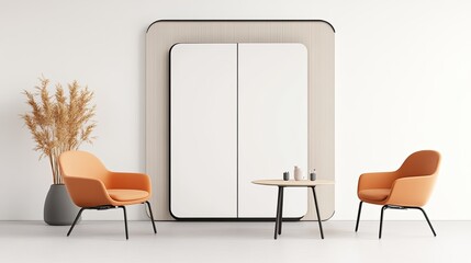 Modern minimalist interior design featuring stylish chairs, a coffee table, and decorative plants