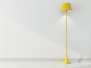 A bright yellow floor lamp with a white shade against a white wall