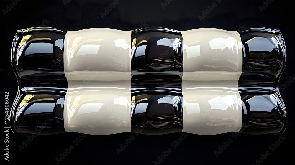 Poster glossy black and white sculpture abstract design with reflections and smooth curves on a dark backgr