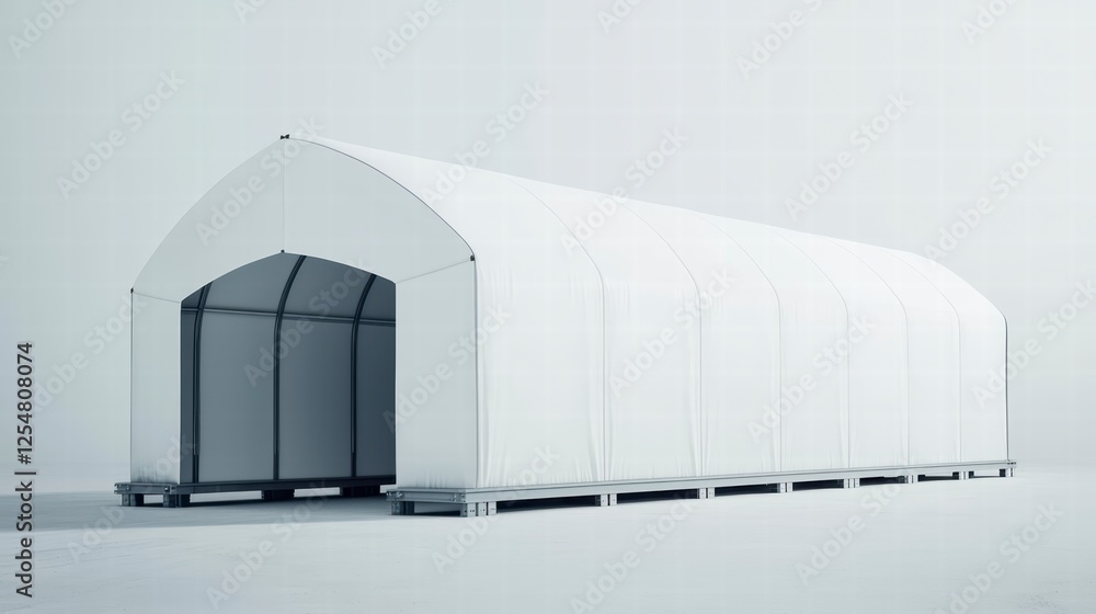 Poster temporary storage structure: a long, white, arched fabric structure sits on a low platform, offering