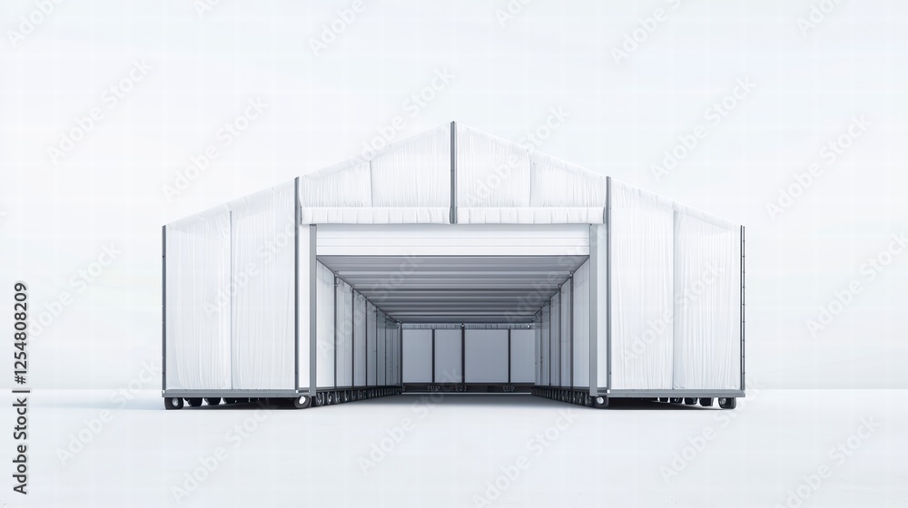 Poster modular building design: a clean, minimalist rendering of a prefabricated modular building, showcasi