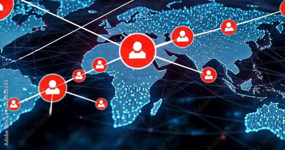 Poster digital global connectivity map showcasing user profiles and network connections across continents