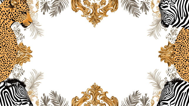 Elegant design featuring leopards and zebras with floral accents on a white background, perfect for decor.