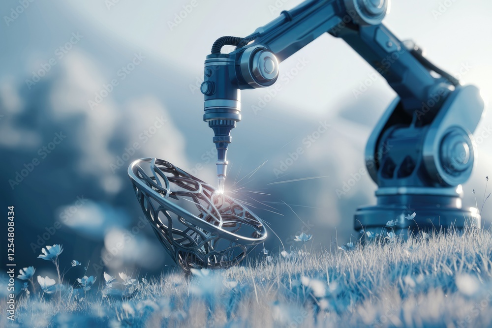 Poster a robotic arm delicately crafts a metal lattice structure in a serene field, showcasing advanced man