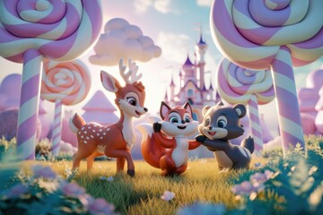 Naklejka premium Three adorable cartoon animals, a deer, fox, and bear, happily playing in a whimsical candy-land setting.