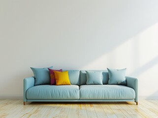 Minimalist living room interior with blue sofa. pillows. and wood floor against a white wall