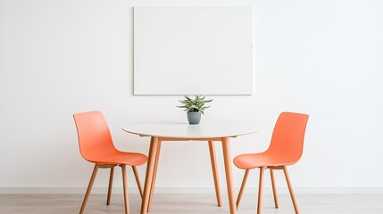 Modern minimalist dining area featuring a round table and orange chairs with a plant centerpiece