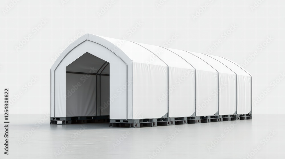 Poster temporary storage structure: a modern, minimalist temporary storage structure, arched and spacious, 
