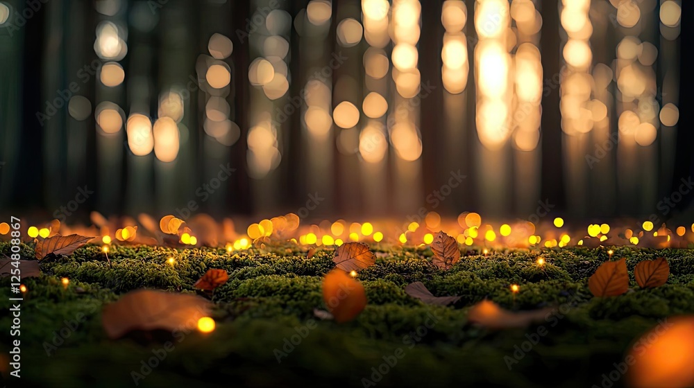 Poster glow forest idea. a tranquil forest scene illuminated by soft, warm light reflecting on the forest f