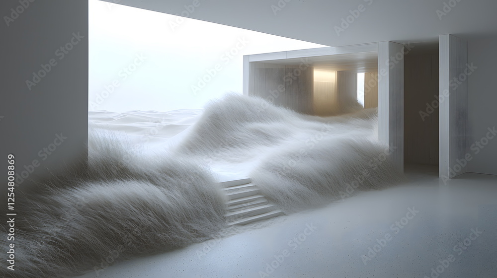Aufkleber white waves flowing through a modern architectural space with minimaic design and soft lighting.