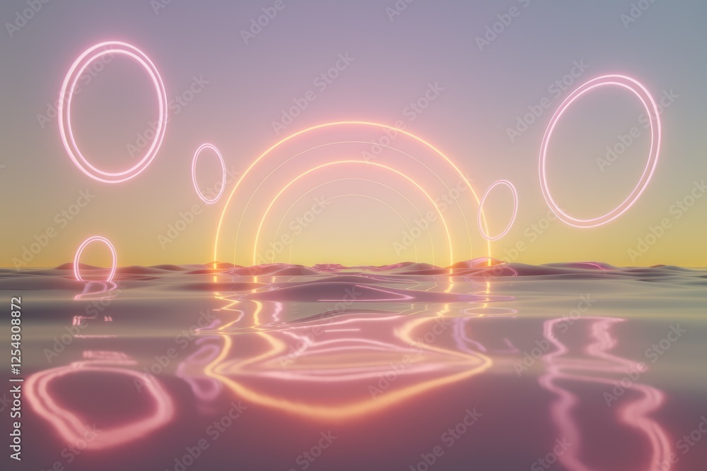 Poster Neon rings float above a calm ocean at sunset, creating a surreal and dreamy atmosphere.