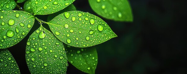 Fototapeta premium Glow forest idea. Close-up of fresh green leaves with raindrops glistening in a dark backdrop.