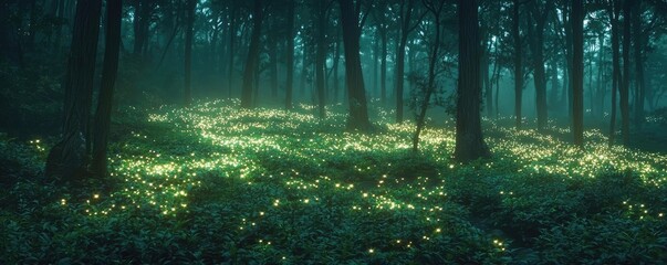 Glow forest concept. A serene forest landscape illuminated by soft glowing lights in the undergrowth.