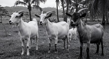 Obraz premium Three Goats in a Tropical Paradise: Black and White Photography