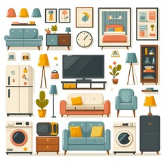 A flat style cartoon vector furniture set featuring sofas, lamps, beds, armoires, shelves, TV, laundry machine, microwave oven, refrigerator, and posters for interior design use in white background.