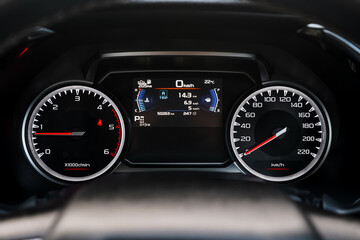 car​ instrument panel, car​ speed motor of​ night, car​ dashboard​ modern​ automobile control​illuminated panel​ speed display.
