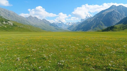 Fototapeta premium Vibrant green alpine meadow filled with wildflowers stretches across a vast mountain valley under a blue sky with white clouds.