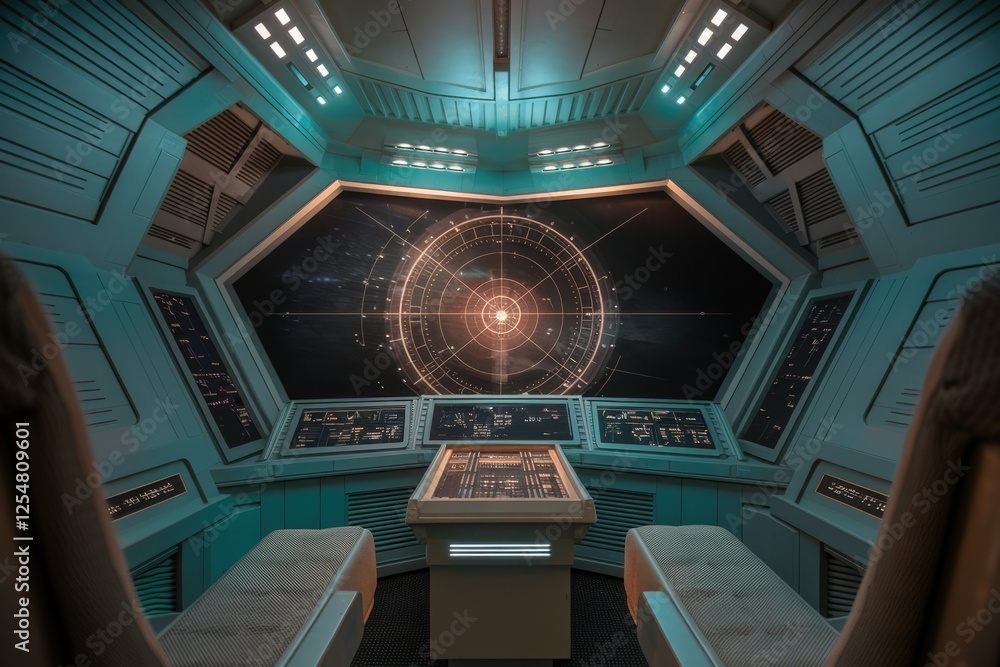 Aufkleber Futuristic spaceship bridge interior with control panels and a large display showing a starfield and navigational data.