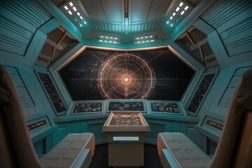 Futuristic spaceship bridge interior with control panels and a large display showing a starfield and navigational data.