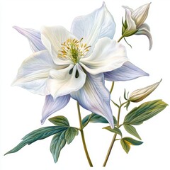 Fototapeta premium Exquisite White Flower Illustration with Delicate Petals and Vibrant Green Leaves against a Pure Background