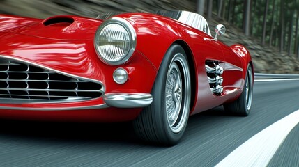 Naklejka premium A classic sports car driving on a road through a forest, high speed, vintage automobile, fast motion, driving through a forest