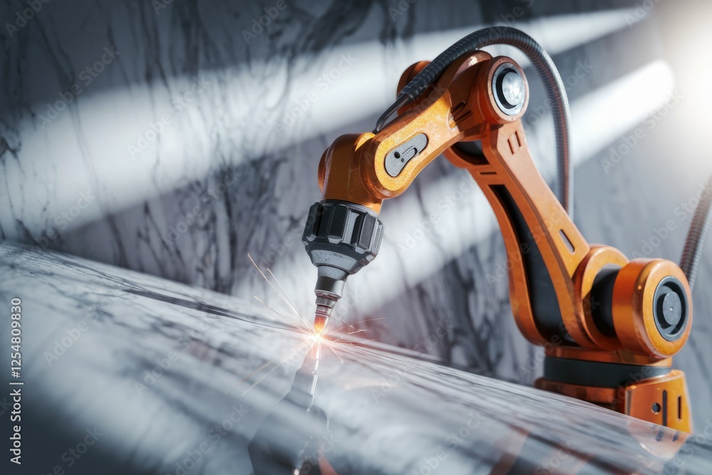 Poster an orange robotic arm precisely welds a marble surface, showcasing advanced automation in industrial