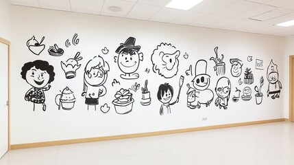 Colorful cartoon characters and desserts illustrated on a white wall in a bright, modern room