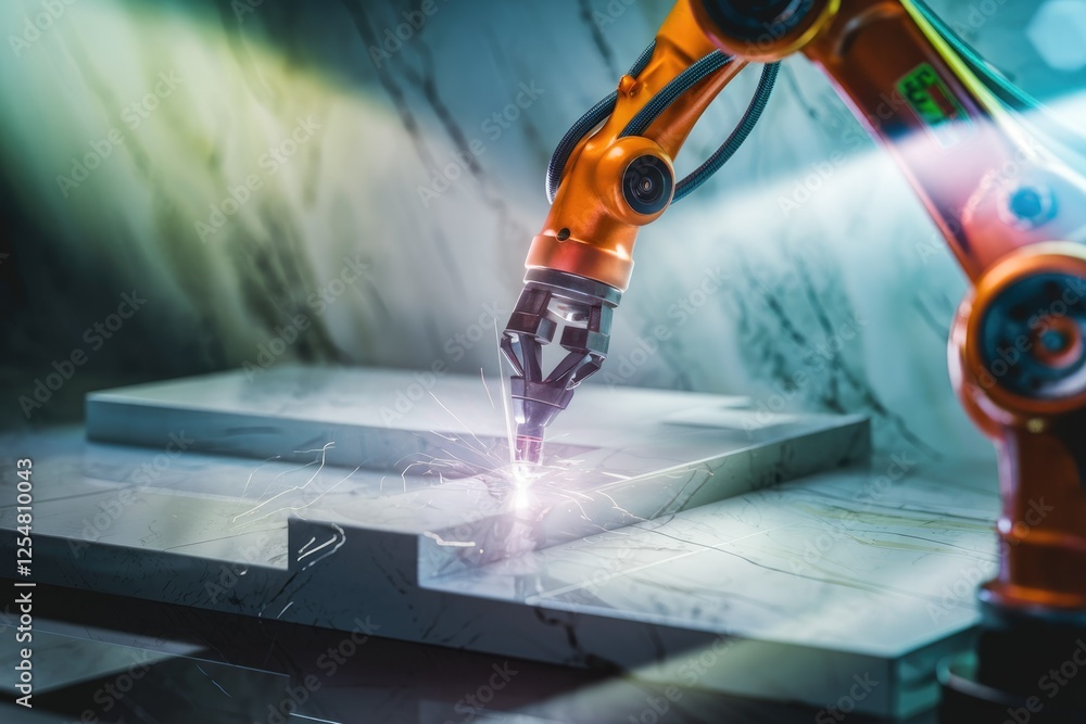 Poster a robotic arm precisely welds a marble surface, showcasing advanced automation in manufacturing.