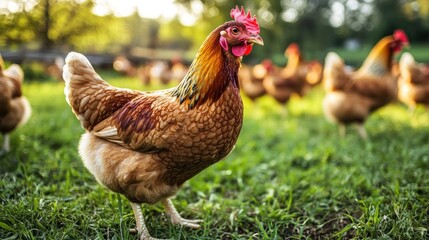 Hen foraging pasture sunset flock farm agriculture