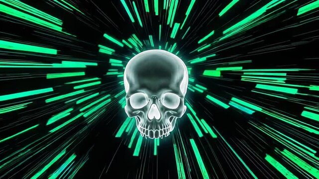 Ethereal holographic skull emerging through cascading digital matrix code. Neon green data streams create dynamic speed lines effect while ghostly translucent skull pulses with technological menace. 